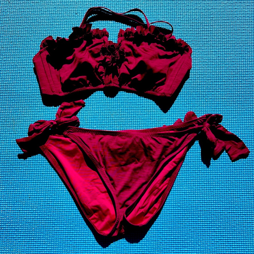 Betsey Johnson Vintage Bikini Two Piece Ruffled Swimwear Maroon